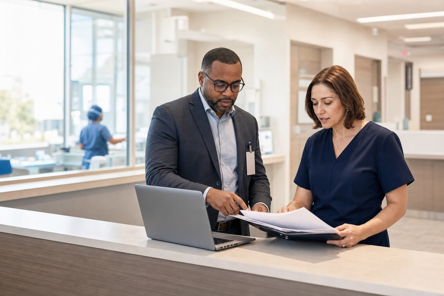 Security consultant and ambulatory practice administrator reviewing assessment evidence